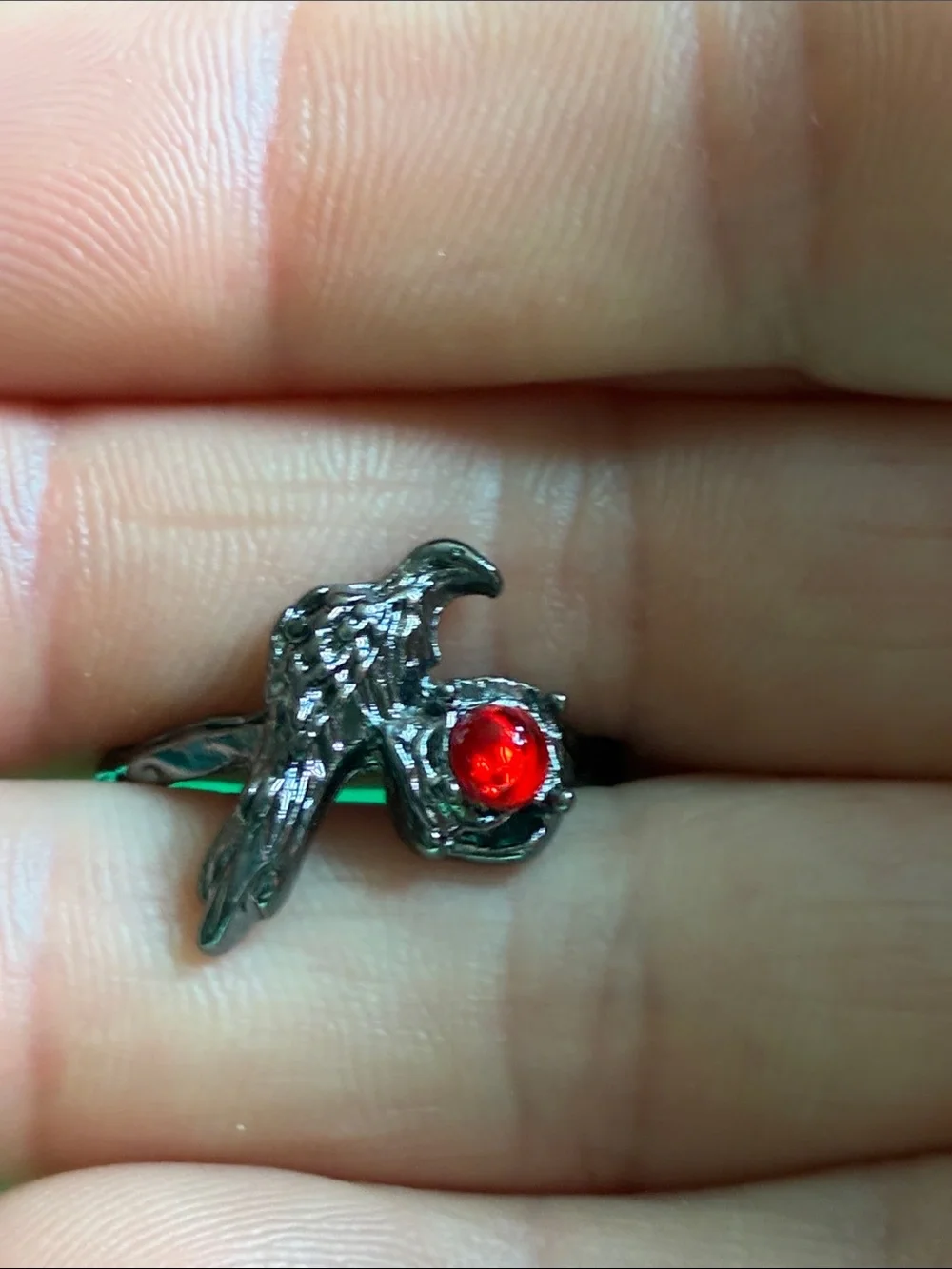 Gothic black raven crow red stone ring open adjustable band Edgar Allan Poe OS